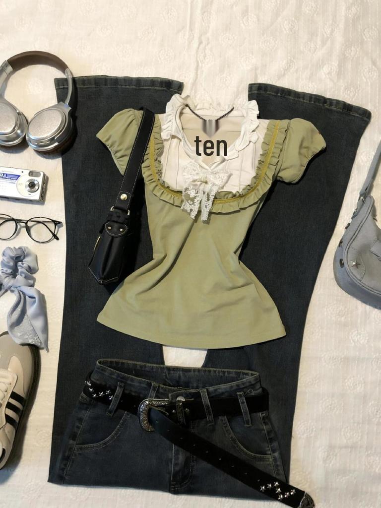 Vintage Y2K Green Lace Bow Trim Slim Fit Patchwork Short Sleeve Top