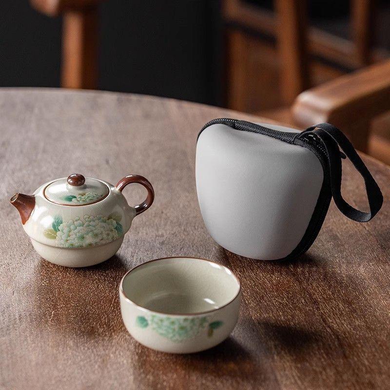 Ru Kiln Travel Tea Set 1 Teapot and 1 teacup, Ceramic Quick Cup, Simple Kung Fu Teaware Infuser, Portable Bag