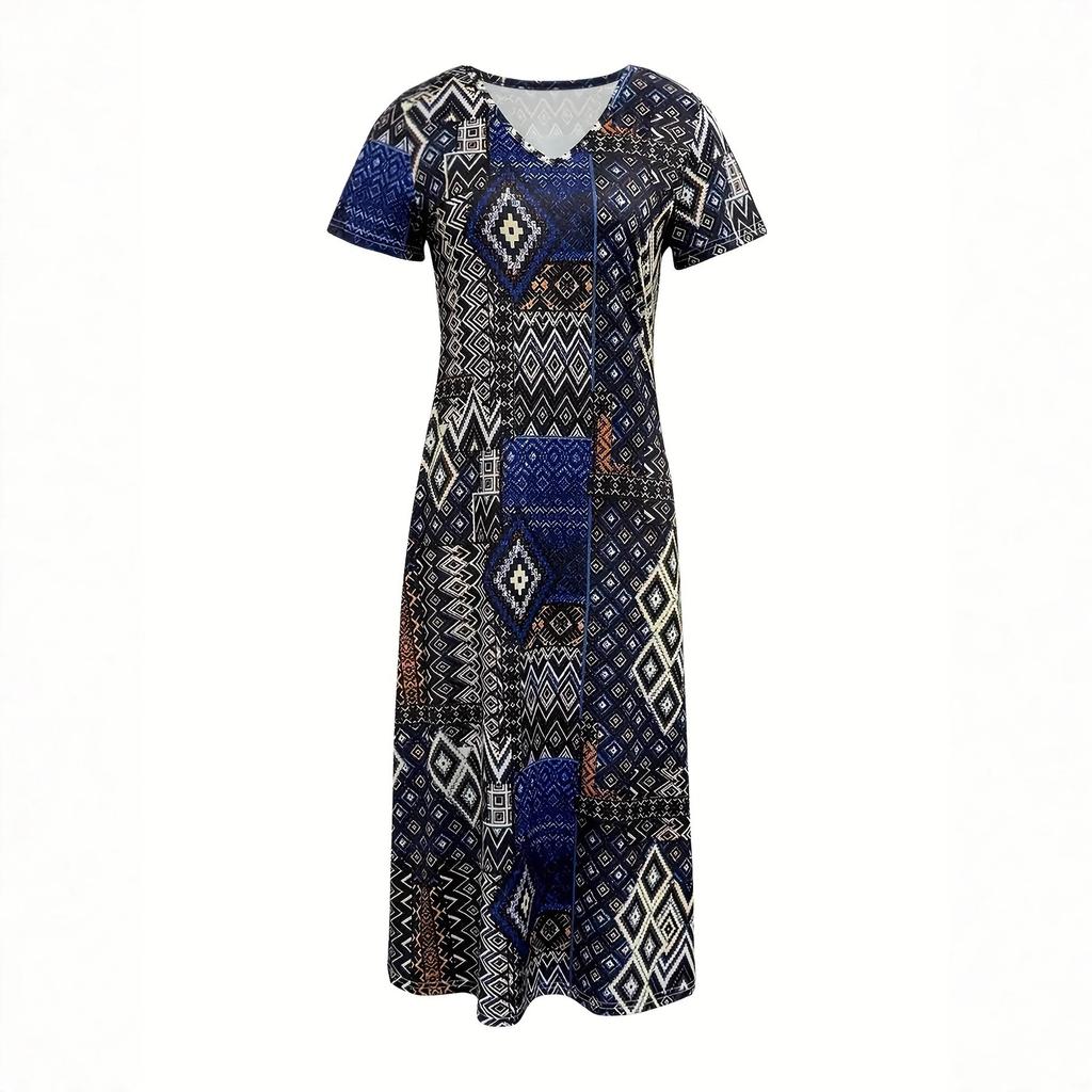Europe, America, summer new fashion casual printing geometric pattern v-neck dress long dress