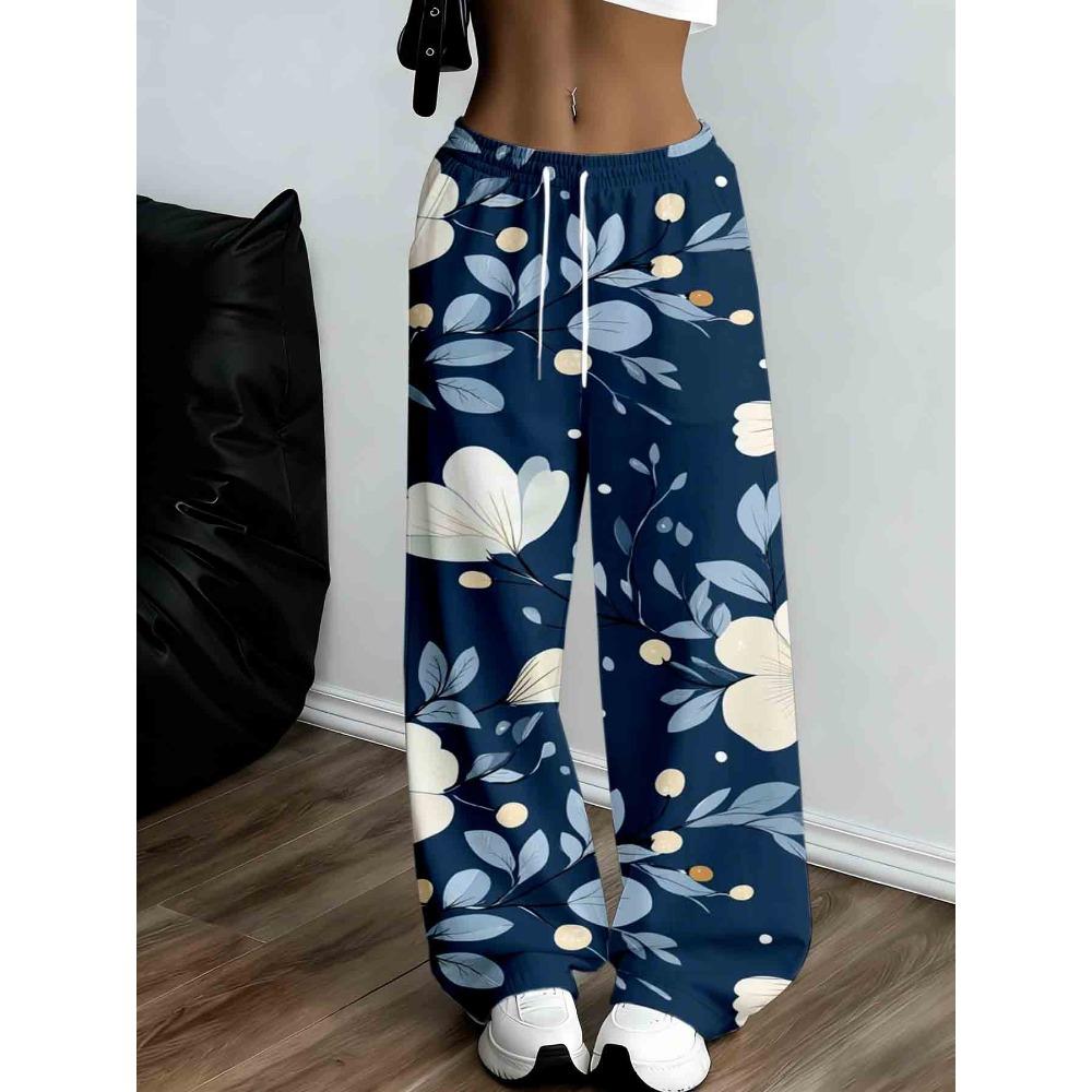 Women's casual wide-leg sweatpants, floral design, loose fit, drawstring design, with pockets