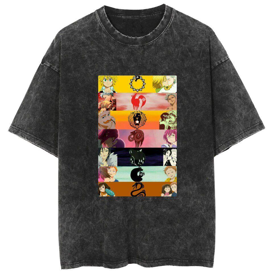 Hot Washed T-shirt "The Seven Deadly Sins" - Cartoon Loose Couple Short Sleeve Shirt