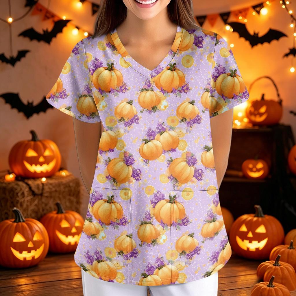 Halloween Print Loose Fit V Neck Short Sleeve Medical Scrub Top with Pockets for Women Nurses Caregivers Workwear