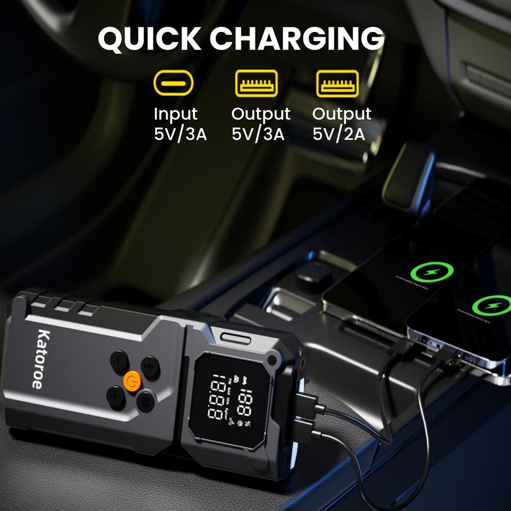 5000A Jump Starter with Air Compressor, 150PSI Tire Inflator, LED Light, Portable 12V Car Battery Jumper with Cables