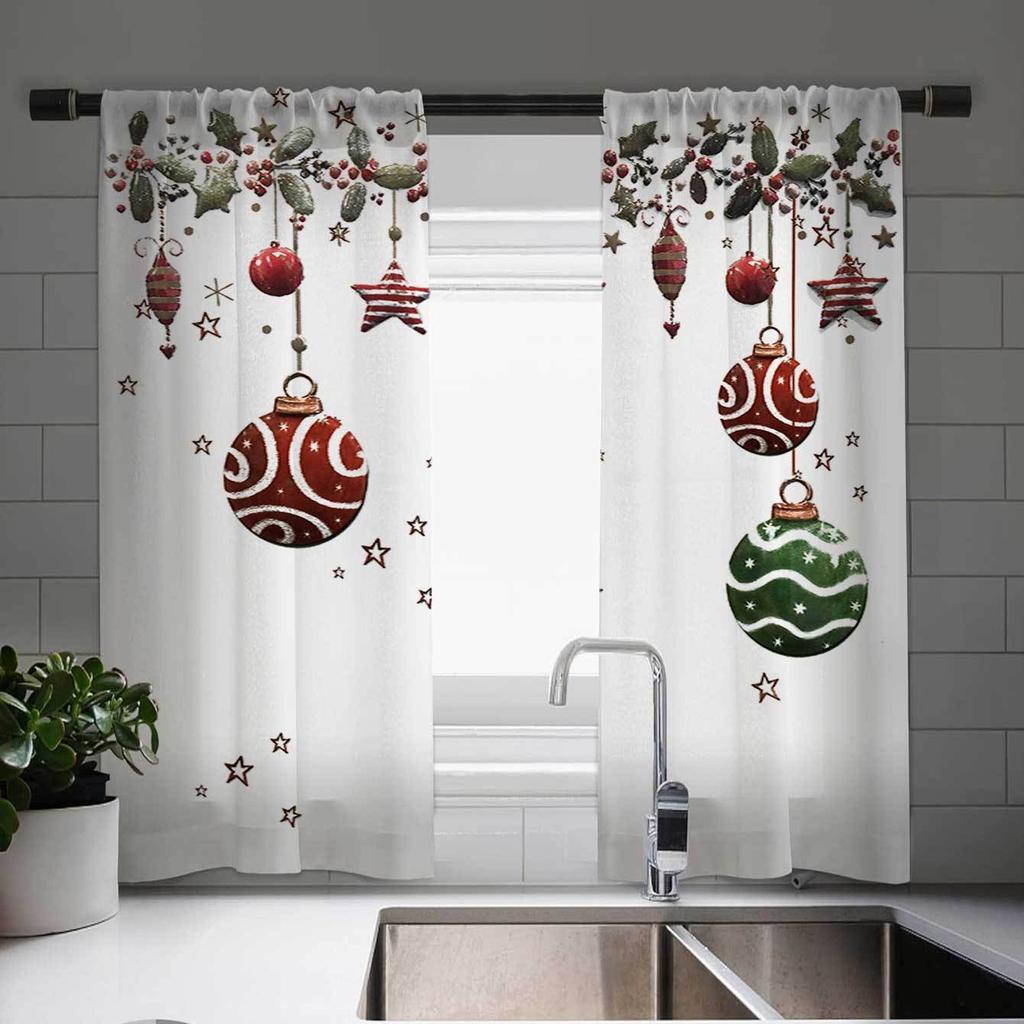 2pcs Christmas Themed Window Drapes Festive Tree Ribbons Lights Gifts Print Semi-Sheer Woven for Kitchen Living Room Bedroom