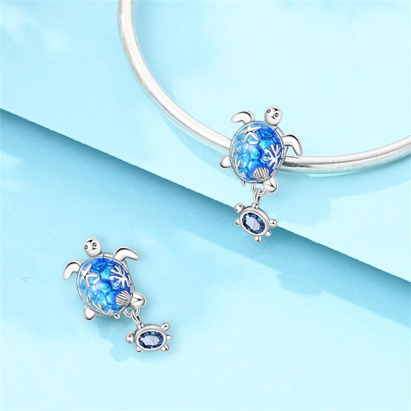 New 925 Silver Blue Ocean Beach Turtle Charms Pendants For Women Fit Bracelet DIY Vacation Party Jewelry Gifts