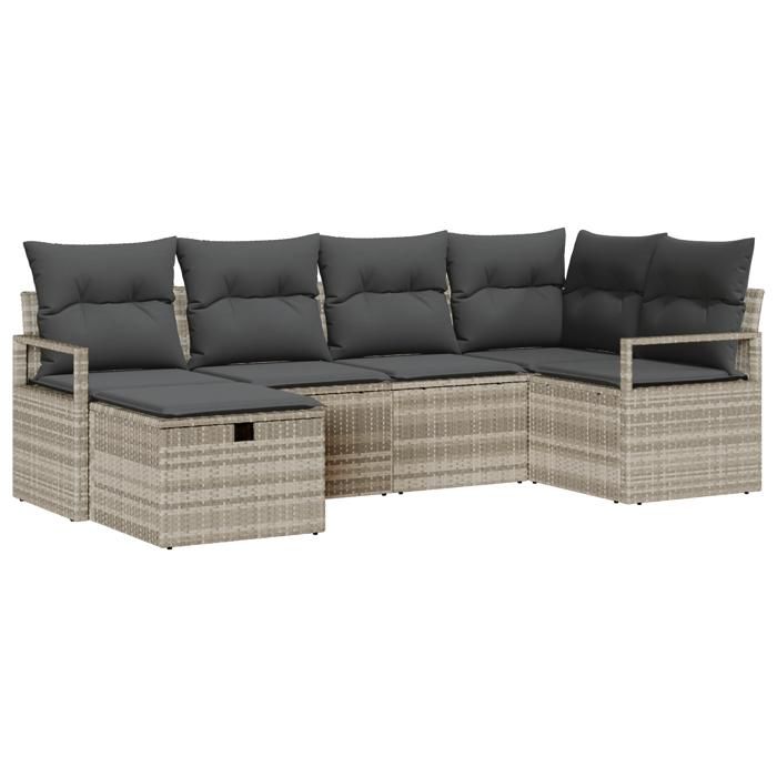 Ensemble de canapé de jardin 6 pièces avec coussins gris clair en rattan poly, Canapé de jardin 2 places avec rangement et 3360513