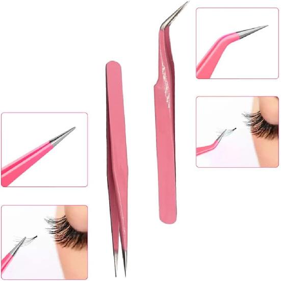 Professional Stainless Steel Eyelash Extension Tweezers Set, Pink Color, 2 Piece Precision Beauty Tools with Straight and Curved Tips, 4.76 Inch and