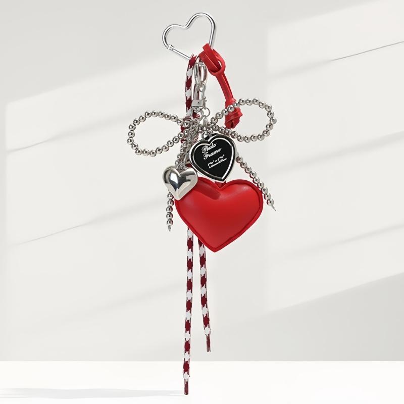 Gothic Silver Bead Bows Charm Heart Shaped Bag Accessory Fashion Bag Pendant Casual Keychain For Dark Style Lover