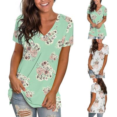 Damen V-Ausschnitt Blumenprint Pullover Kurzarm Lässiger Lockerer Schnitt Tunika Top für Sommer Tägliche Kleidung