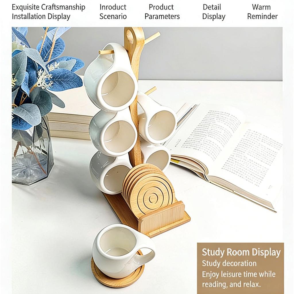 Nordic Style Ceramic Coffee Mug Set with Natural Bamboo Tree Cup Holder and Non-slip Coasters Stylish Kitchen Organizer for Tea and Coffee Home Decor