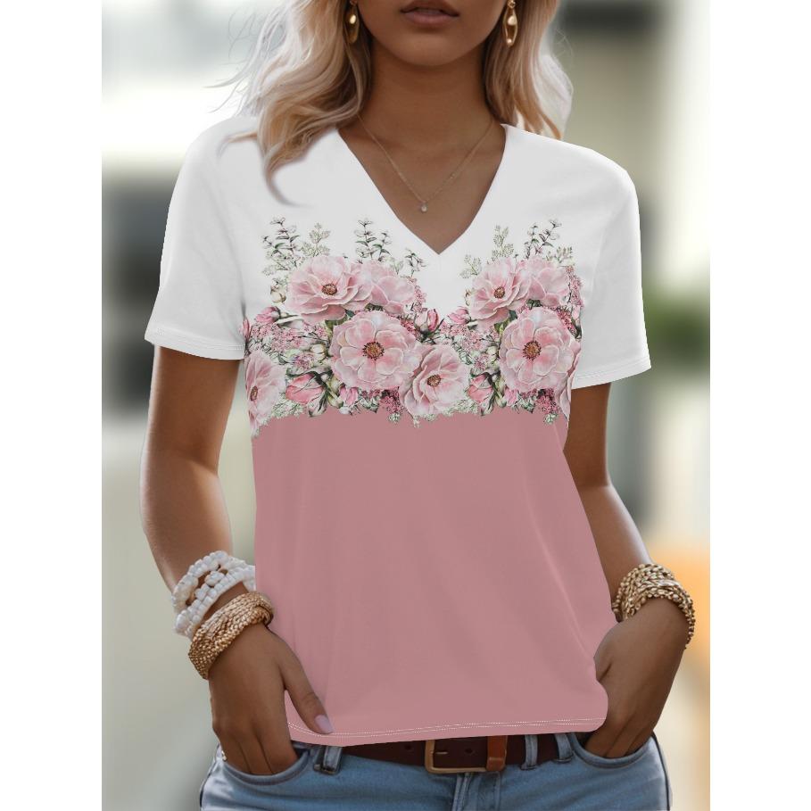 Plus Size Tees Women's Short Sleeved 3D Printed Top Holiday Flower Pattern Weekend Basic V Neck T Shirt Summer