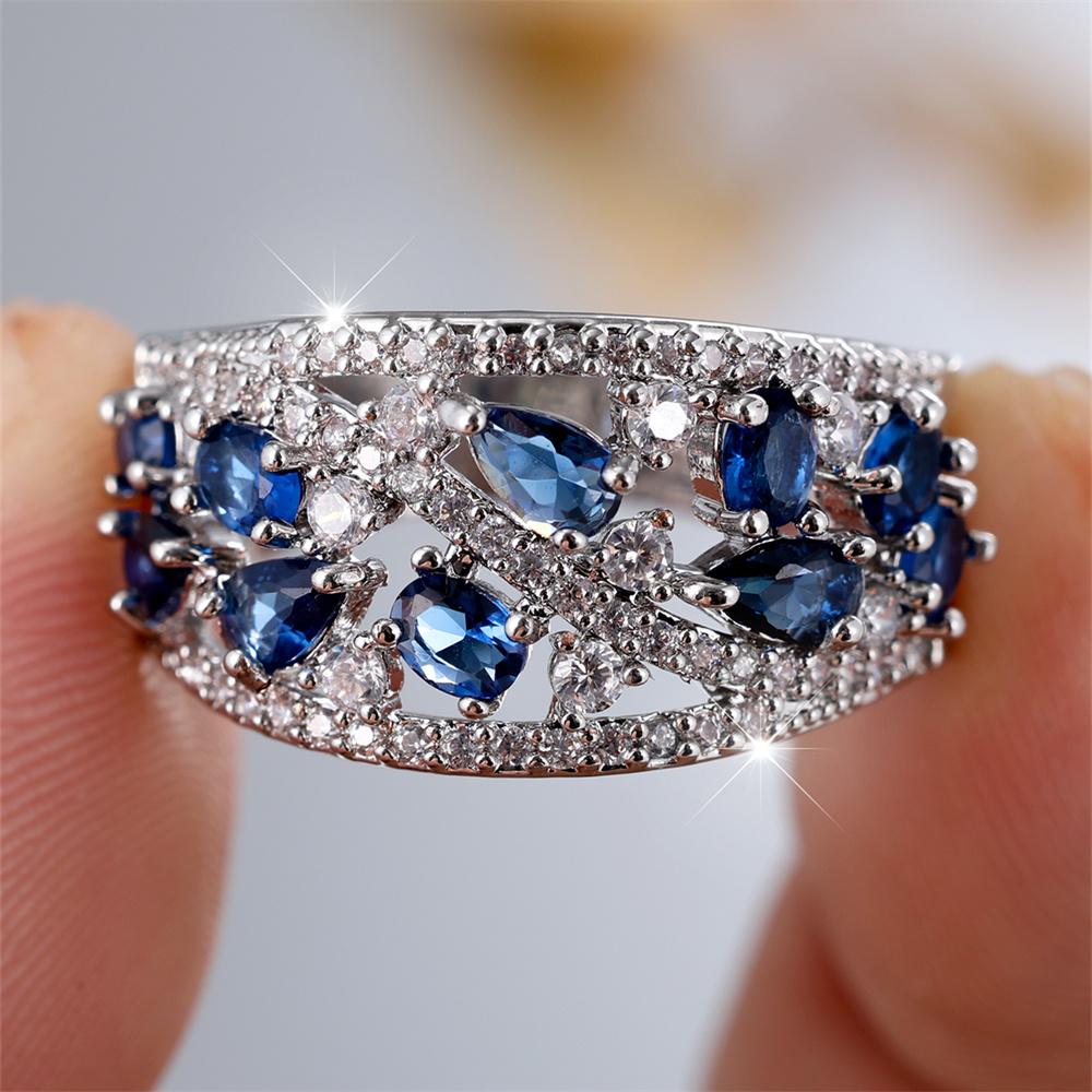 Blue Crystal Zircon Water Drop Stone Engagement Rings For Women Vintage Silver Color Wedding Bands Birthstone Jewelry Party Gift