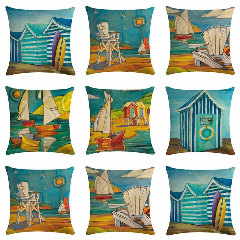 Artistic Beach Oil Painting Cushion Cover With Invisible Zipper For Stylish Interiors