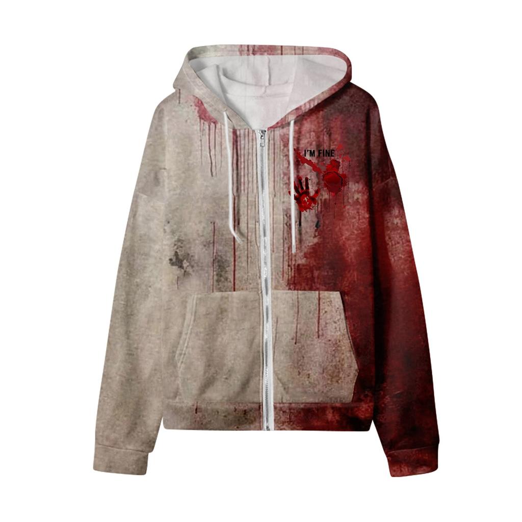 Women's Casual Fashion Long Sleeve Zipper Printed Drawstring Hooded Sweatshirt