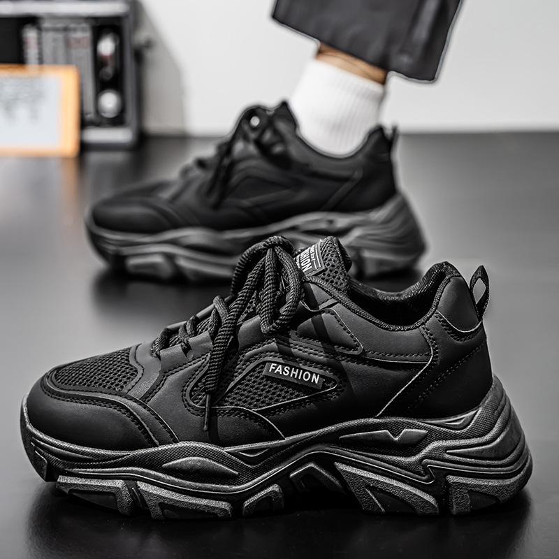 Men's shoes spring and summer versatile students casual mesh sports running thick sole heightening black dad tide white shoes non-slip