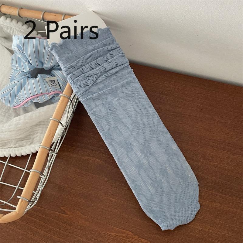 2 Pairs of Summer Ballet Style Thigh-high Socks, Thin and Sweet Girl Breathable Mesh Pile Socks, Lace Socks