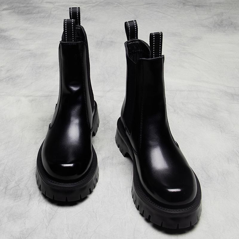 Ins Cigarette Chelsea Short Boots Men's British Versatile Black Soft Leather High Help Thick Bottom Locomotive Tooling Martin Boots