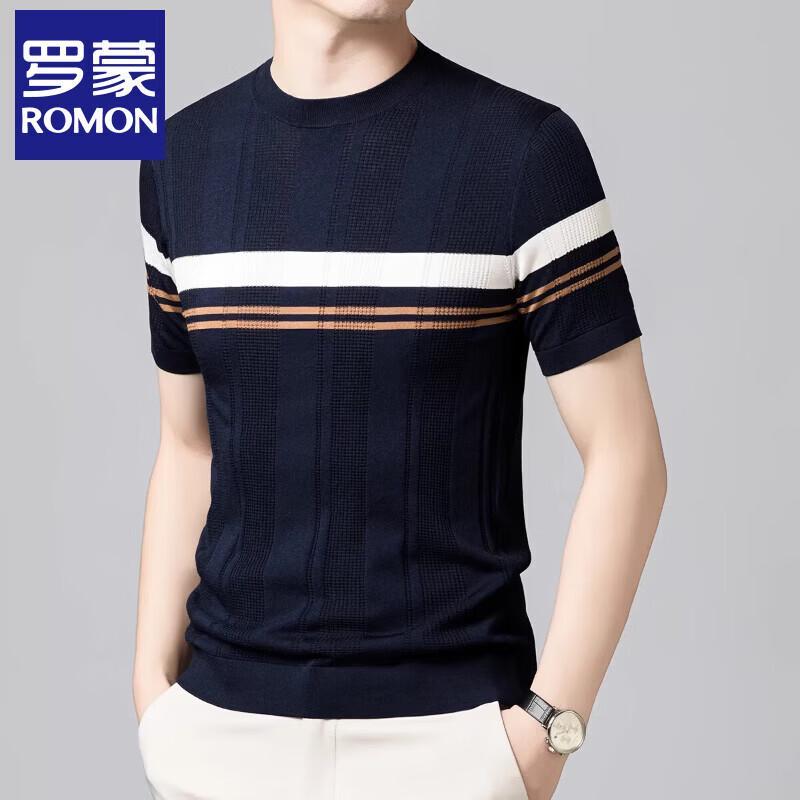 ROMON Men's Silk Blend Striped Knit Short Sleeve T-Shirt