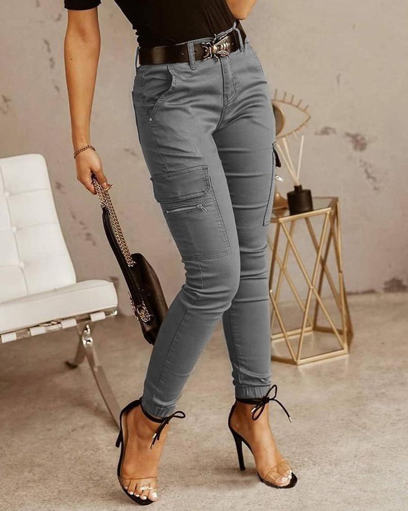 New European & American Women's Low-Waist Jogger Pants - Solid Color, Buttoned, Pocket, Skinny Fit