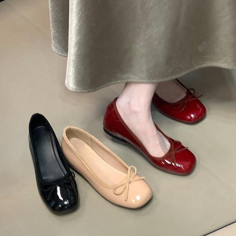 Bow red single shoes French single shoes 2025 spring ladyshoes inner height increase grandma shoes