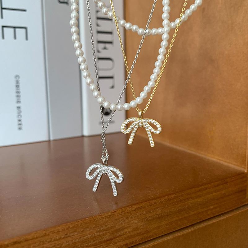 Bow Pearl Double-Layer Stacked Necklace Women'S Light Luxury Retro Elegant Fashion Exquisite Versatile Neck Chain Collarbone Chain