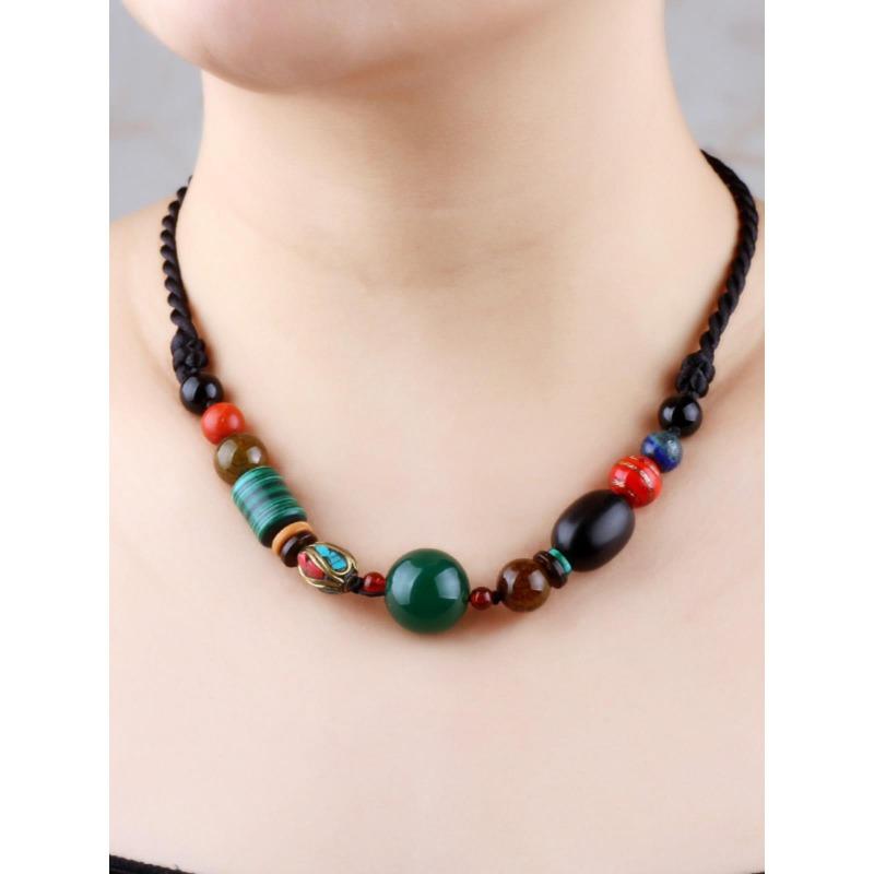 GEMCHIC Women's Vintage Bohemian Green Agate Necklace Ethnic Style Beaded Choker Collarbone Chain Jewelry