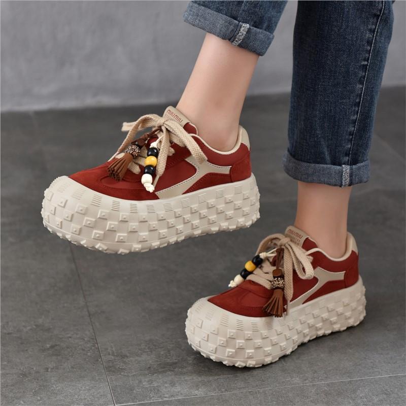 Johnature Genuine Leather Casual Lace Up Shoes Lightweight Thick Soled Height Increasing Women's Platform Shoes