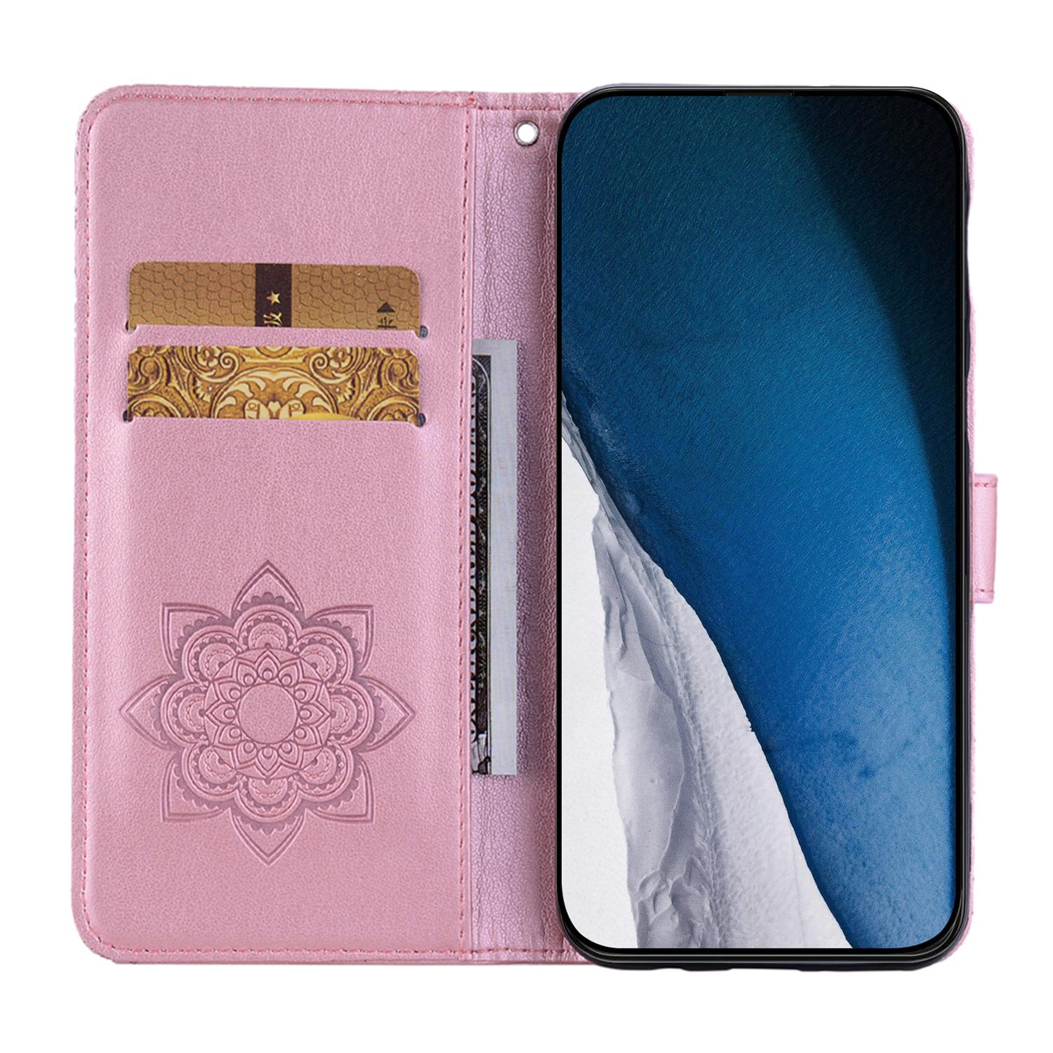 

For iPhone 16 Pro Max Case Owl Flower Imprinted Leather Cover Wallet with Strap Rose Gold