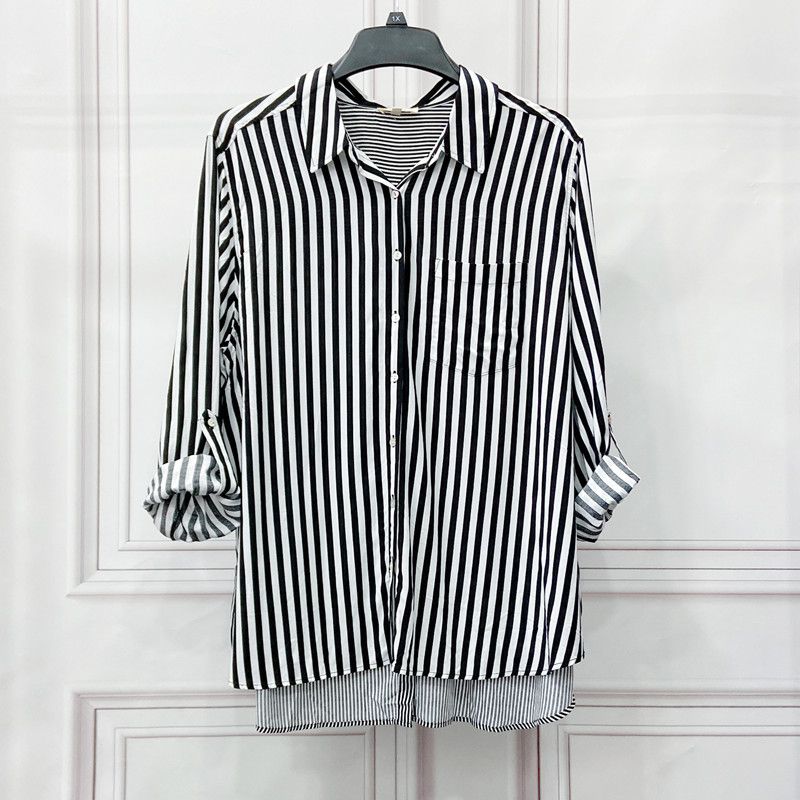 

Женская полосатая рубашка с длинным рукавом большого размера 100,00 кг для ношения весной и летом Black Stripes 2X