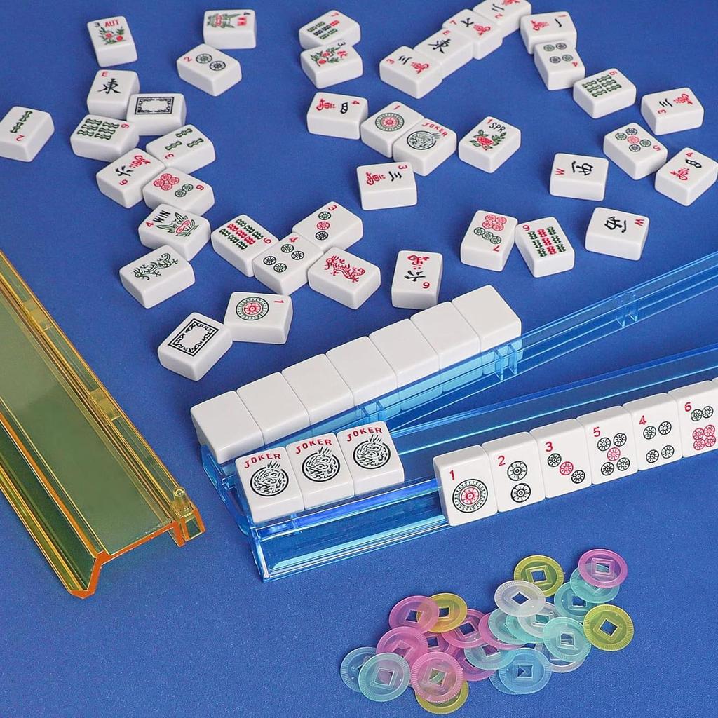 4pcs Clear Acrylic Mahjong Racks with Pushers Colorful Tile Organizer & Game Accessories Storage Solution for Mah Jongg Players