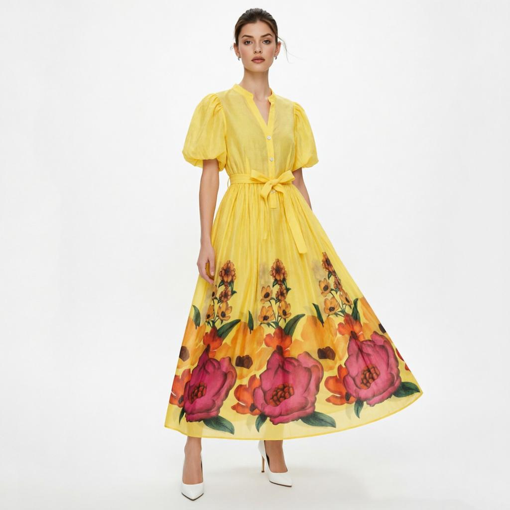 French Vintage Flower Maxi Dress Women Puff Sleeve V-Neck Elegant Floral Print High Waist Sashes A-Line Summer Beach Long Maxi Dresses