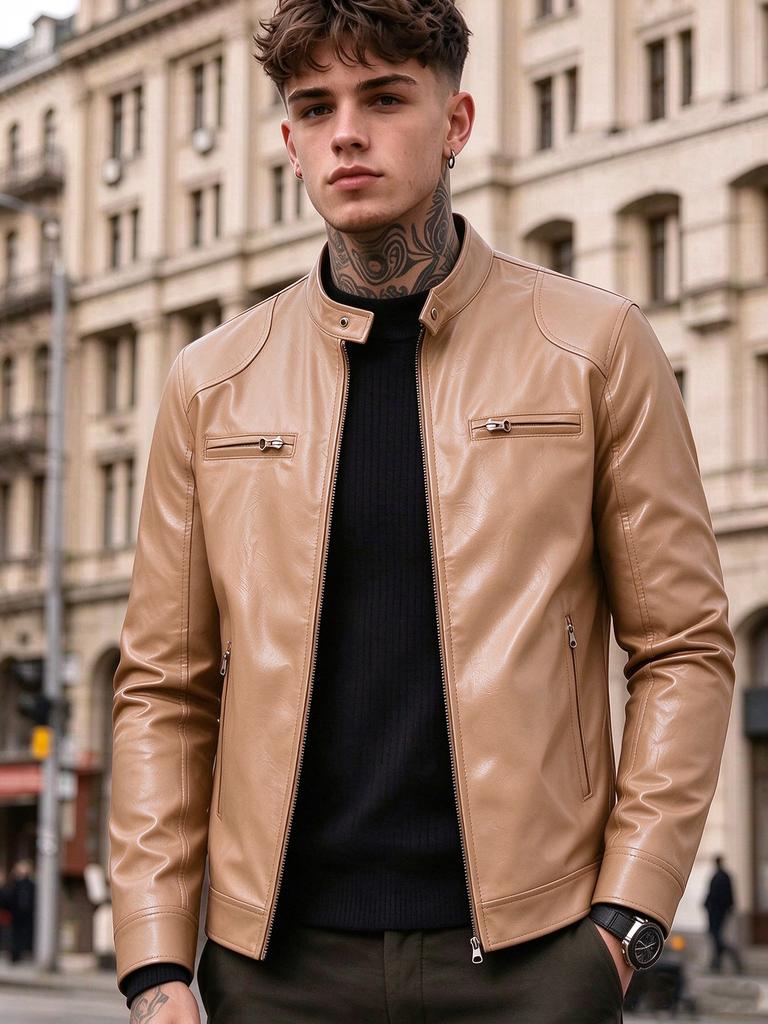 New men's stand-up collar PU leather jacket slim locomotive jacket spring and autumn business casual ruffian handsome jacket