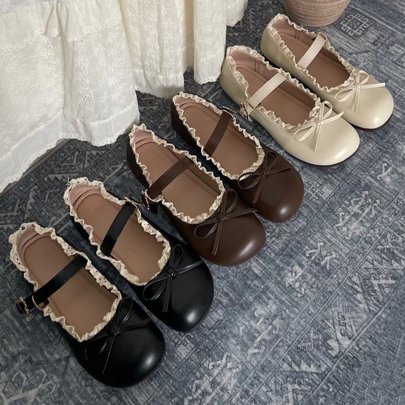 2025 Breathable Leather Flat Shoes Lace Ruffled Bow Ballet Flats Casual Soft Soled Women Shoes Mary Janes Sweet Girls Shoes