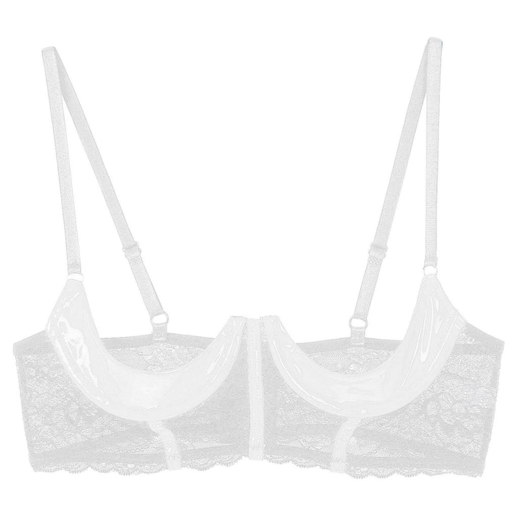 Womens Floral Lace Underwire Bra Patent Leather 1/3 Cup Design Adjustable Straps Honeymoon Lingerie Gift