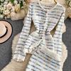 Autumn Winter Women Sweet Striped Knitted Sweater Two Piece Set Single Breasted Cardigans Tops and Mini Short Sheath Skirt Suit