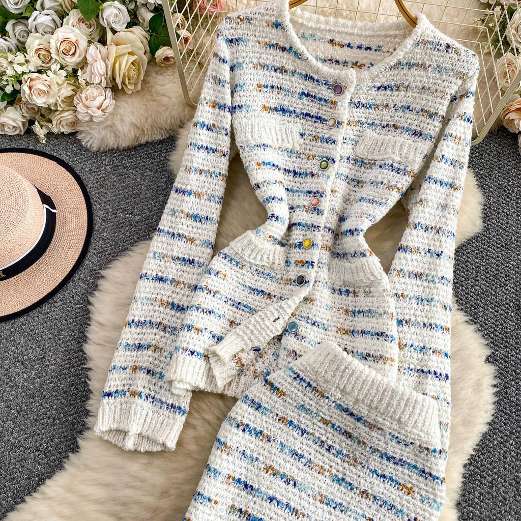 Autumn Winter Women Sweet Striped Knitted Sweater Two Piece Set Single Breasted Cardigans Tops and Mini Short Sheath Skirt Suit