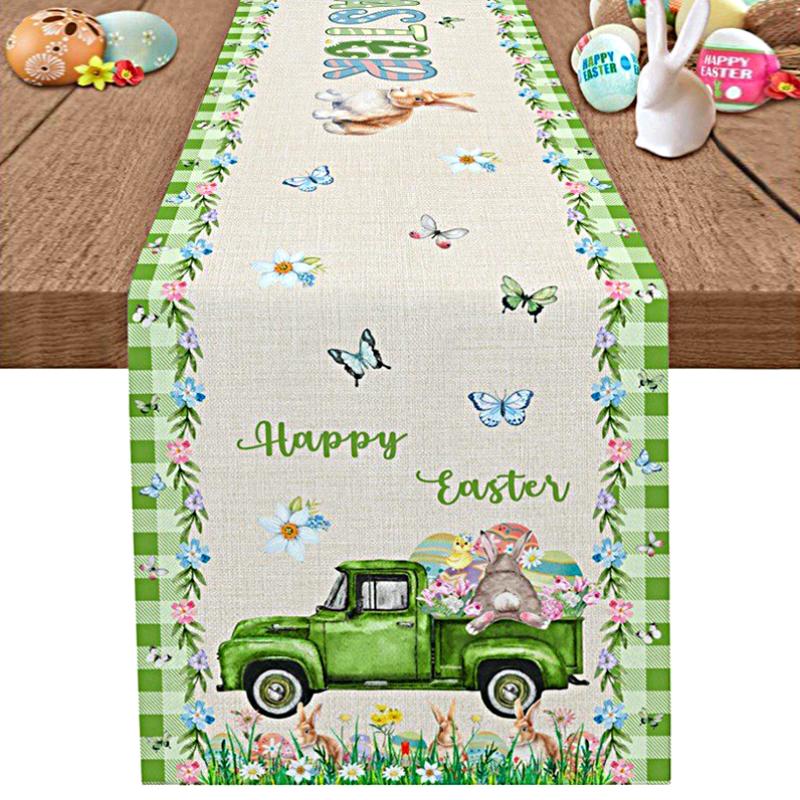 1PC Bunny Rabbit Flowers 13x72" Kitchen Dining Cute Table Runner 2025 Home Party Decor Linen Easter