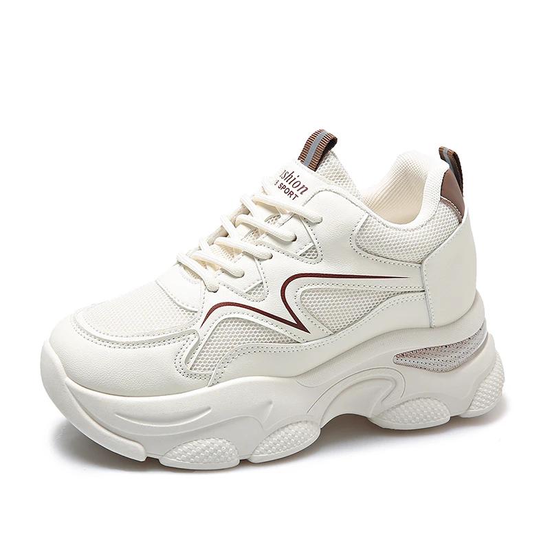 Fashion Women's Mixed Color High-heeled Sneakers Breathable Mesh Heightening Vulcanized Shoes Women's Lace-up Thick-soled Sneakers