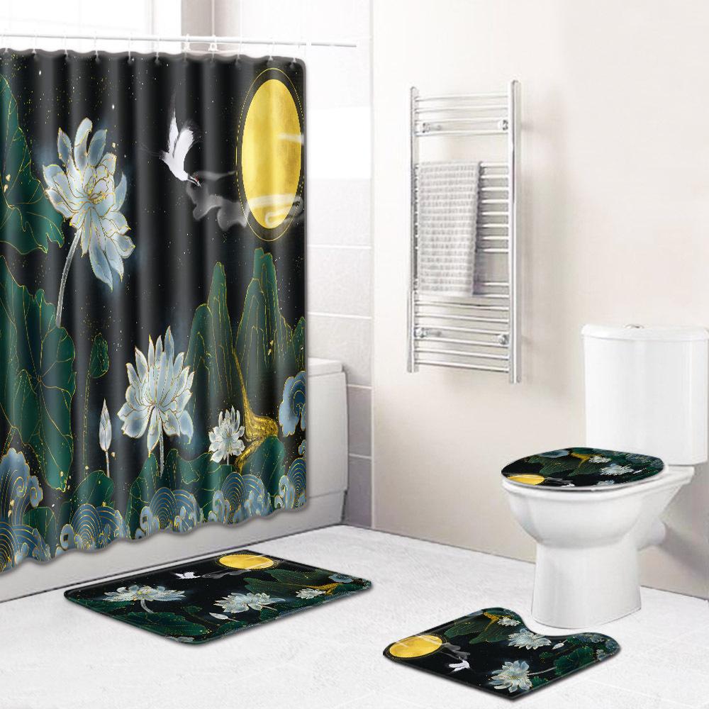 Chinese Antique Bronzing Night Flower Bathroom Floor Mat Shower Curtain Combination Floor Mat Support