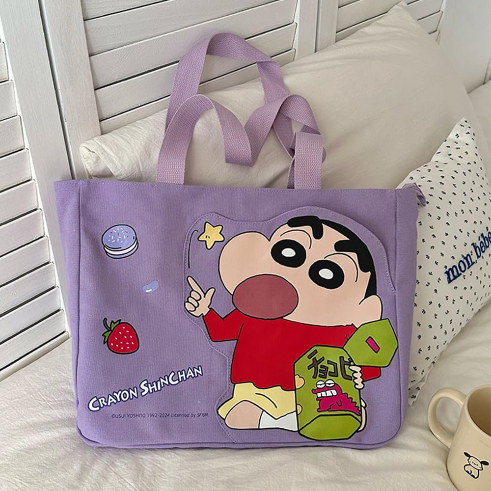 AuduE Lila Crayon Shin-chan Tragetasche, Canvas-Tragetasche für Damen, Tasche mit großem Fassungsvermögen, Umhängetasche, Damentasche, Handtasche, Tragetasche, Tragetasche,