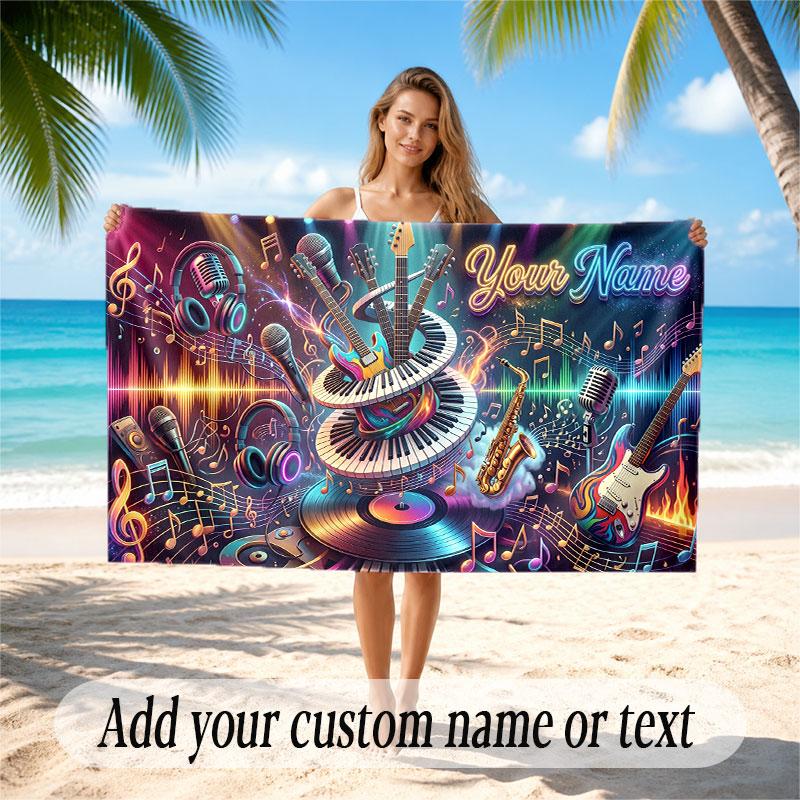 Music General Theme Beach Towel Personalized Custom Name & Text Soft Quick Dry Beach Towel for Swimming Travel