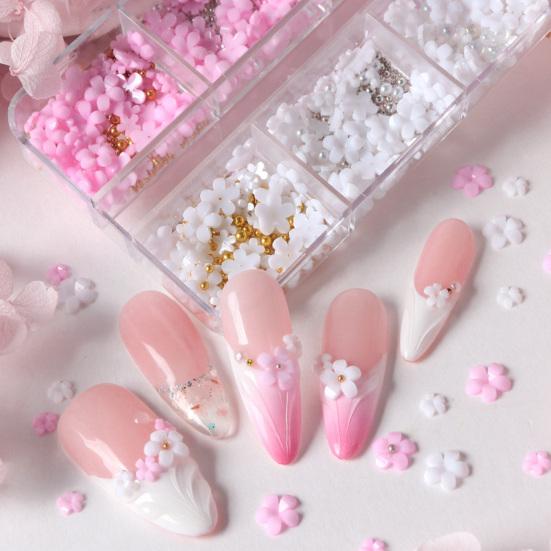 1 Box 3D Flower Nail Art Charm 6 Grids Resin Floral Charms Golden Beads DIY Nail Design Jewelry Crafts Manicure Decoration Accessories
