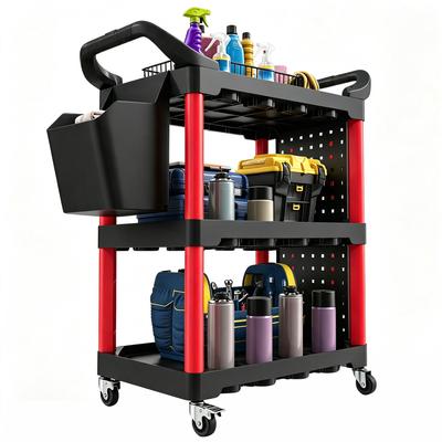 3-Tier Tool Cart with Pegboard Walls, Hooks and Tool Container, Black and Red