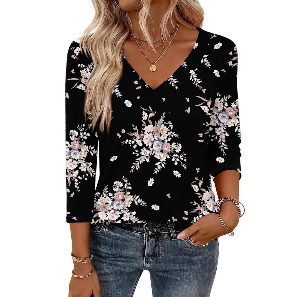 Damenoberteile mit 3/4-Ärmeln V-Ausschnitt Hemd Lässige Bluse Basic T-Shirts