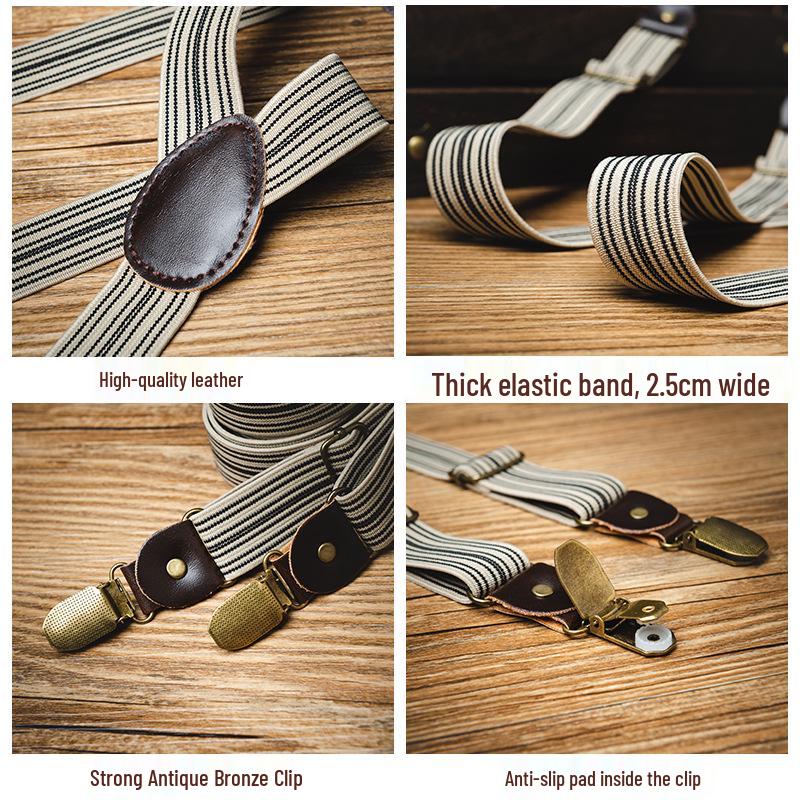 Unisex Adjustable Retro Striped Elastic Suspenders with Non-slip Clips
