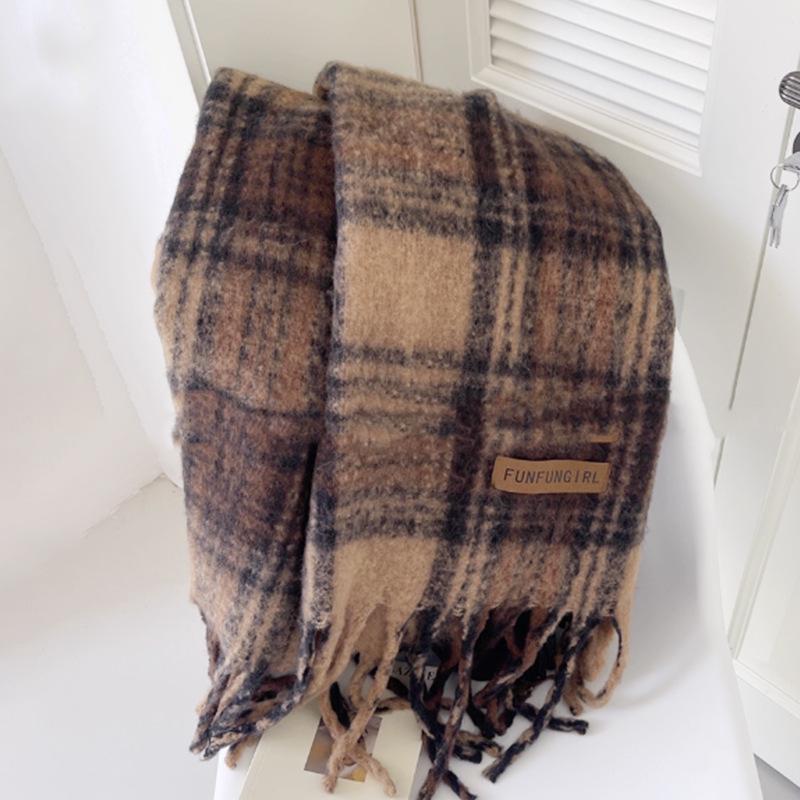 Maillard Wool Blend Plaid Scarf with Handmade Tassels