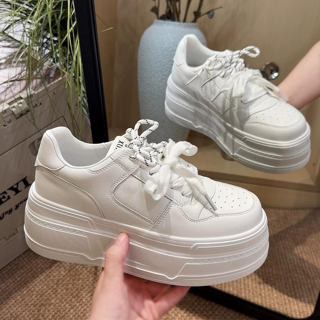 New Platform White Shoes Women's Versatile Round Head Small 7cm Height Increase Breathable Casual Sports Board Shoes