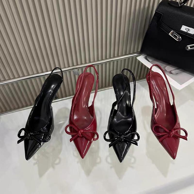 Mode Lack Rot Schwarz Schleife Slingback Sandalen Frau Markendesign Dünner Absatz Pumps Damen Elegant Spitz Stiletto Partyschuhe