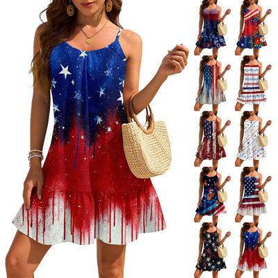 Women's Sleeveless Sling Loose Casual Elegant Beach Independence Day Printed Dress