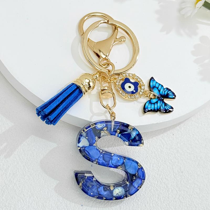 Fashion Blue Glazed Stone A To Z Letter Keychain 26 Initials Alphabet Butterfly Tassel Pendant Car Keyring Women Jewelry Gifts